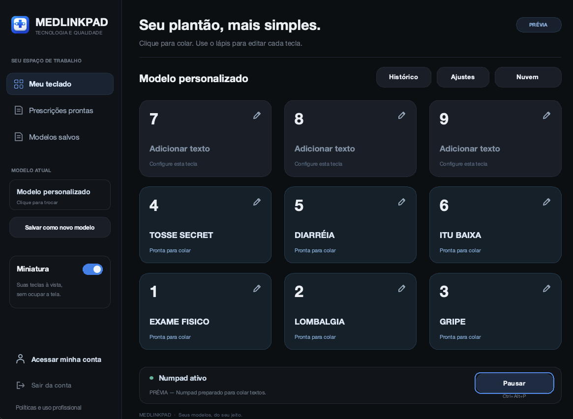 Tela real do MEDLINKPAD com nove teclas configuráveis